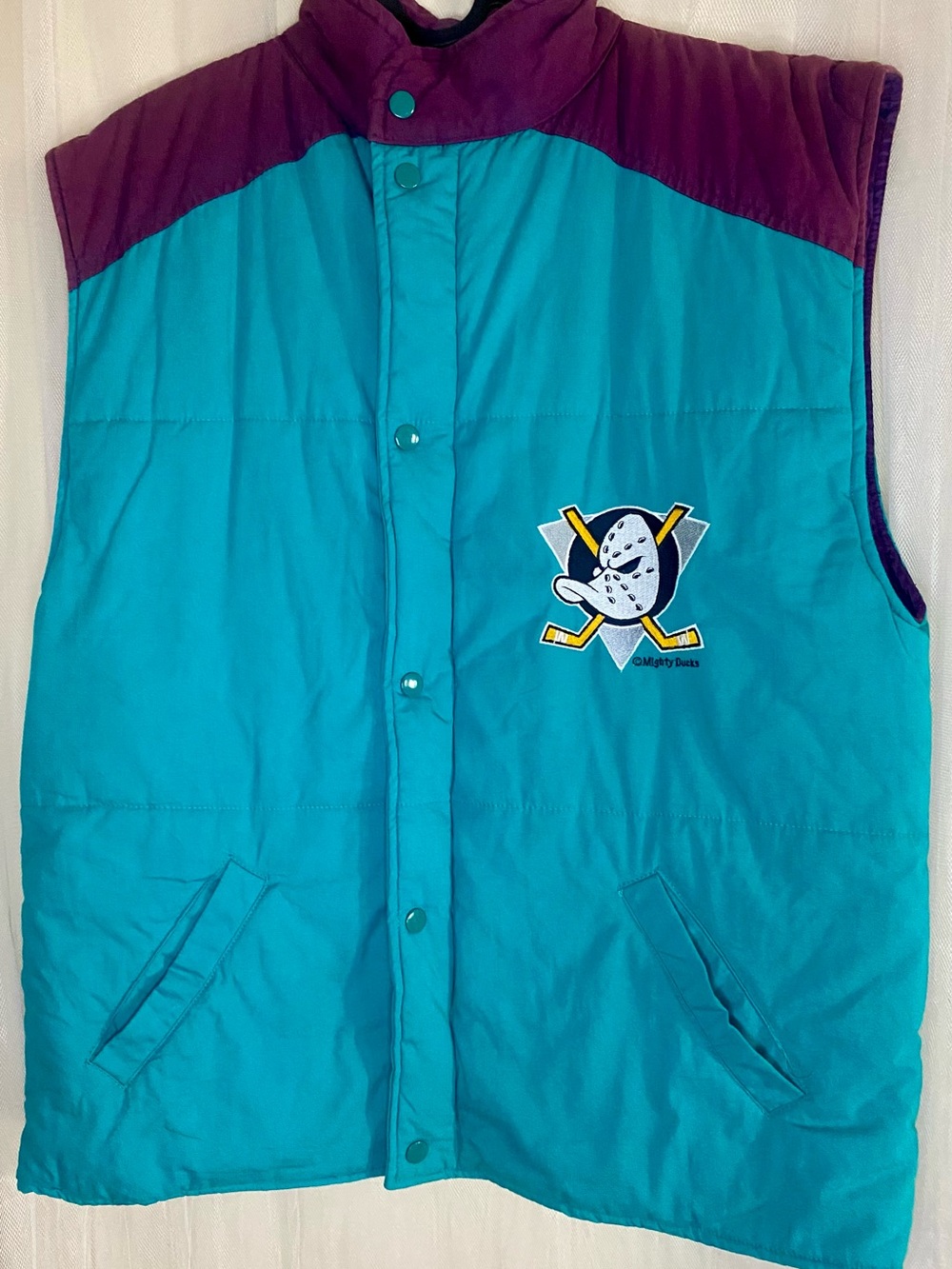 Vintage 90s Mighty Ducks NHL Puffer Vest Official Licensed Teal/Purple Sz L